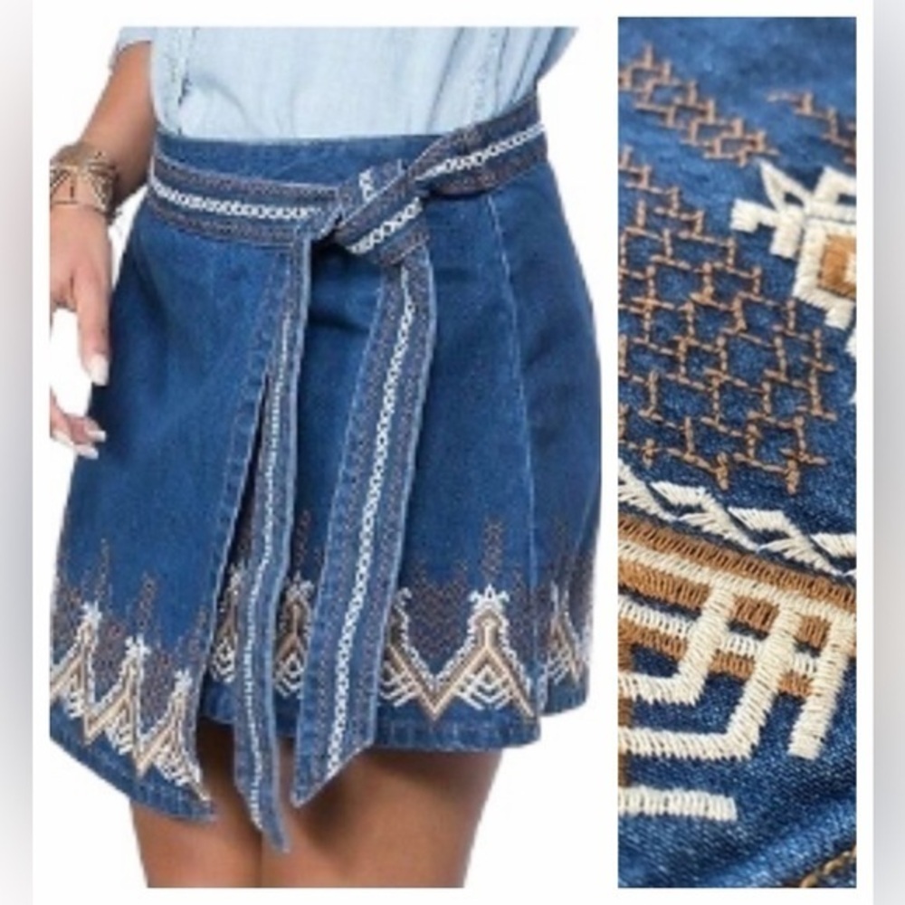 Free People Denim Dream Away Hendrix Embroidered Wrap Mini Skirt 2